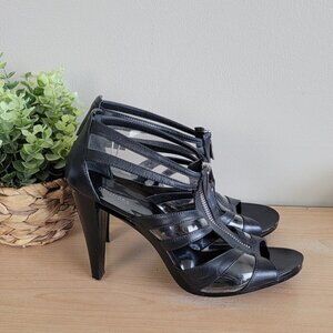 Michael Kors Berkley T Strap Black Leather PVC Front Zip Zipper Sandals Heels